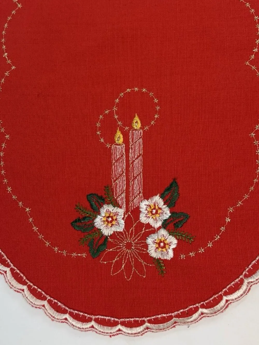 VTG W Germany Red Christmas Table Runner Embroidered Floral Candles Centerpiece